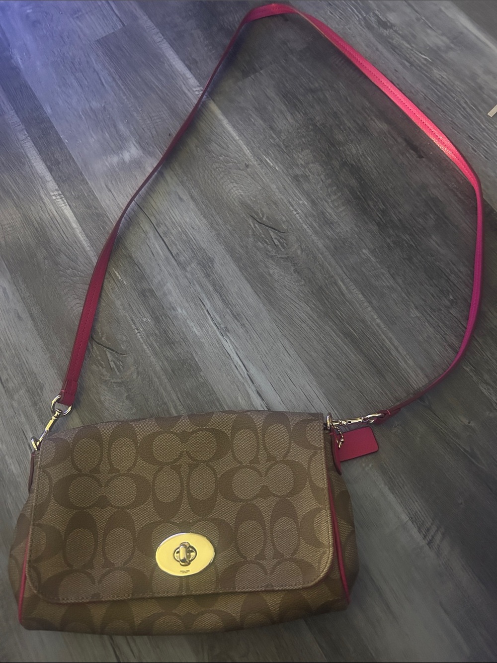 Coach Brown Signature Crossbody with Pink Trim